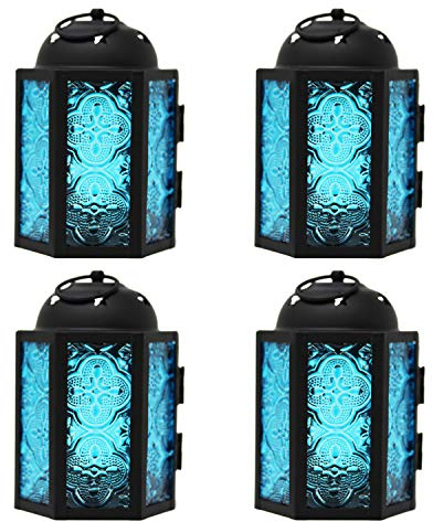 Mini Farol marroquí de Metal pequeño de 4,5 Pulgadas, portavelas Decorativo para centros de Mesa, decoración Interior del hogar, Patio al Aire Libre, Bodas, Azul, Juego de 4