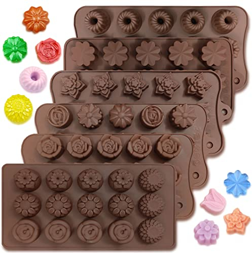 6 pcs Silicone Chocolate Molds, CNYMANY Flower Mold Candy Mold Jelly Mould Non-Stick Kitchen Baking Pans Ice Cube Trays for Party Festival - 15 Shapes