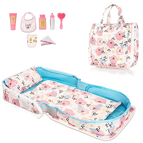 HappyVk - Puppenbett mit Puppenzubehör - Tragbarer Puppenstubenwagen - Für Babypuppen bis 53 cm - Rosen