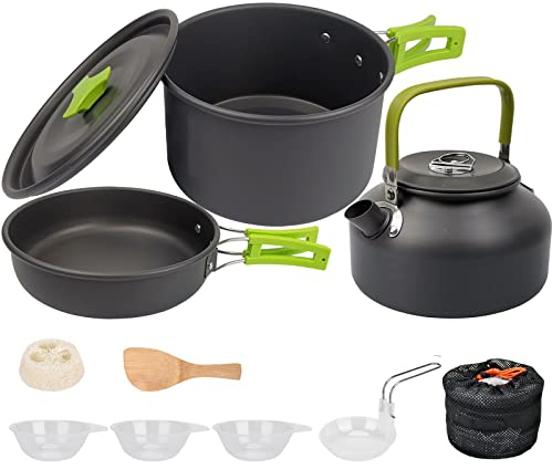 Cozywind Set Pentole da Campeggio 2-3 Persone Pentole per Campeggio in Alluminio 10 Pezzi Kit Pentola e Padelle da Campeggio Portatili Gavetta Campeggio per Escursioni Campeggio All'aperto (Verde)