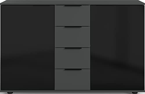 möbelando Kombikommode Barcelona in GRPAHIT + Glas SCHWARZ mit 4 Schubladen und 2 Einlegeböden. Abmessungen (BxH) 130x83 cm