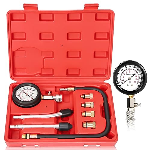 Kompression Tester Kit KFZ Kompressionstester: Manometer Tool Set mit 4 Adapter und Koffer, Kompressionsmesser Benzinmotor 0-20 bar oder 0-300 psi, Kompressionstester für KFZ LKW Auto Motorrad