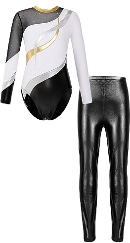 iEFiEL Mädchen Turnanzug Langarm Gymnastikanzug Langarm Leotard Metallic Tanzbody Glänzende Leggings Lang Sporthosen Weiß schwarz 134-140