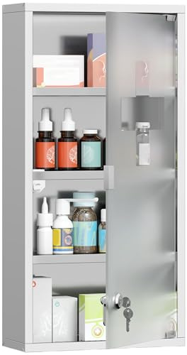 HOMCOM Wall Mounted Medicine Cabinet Lockable Wall Cabinet Silver 12 x 24