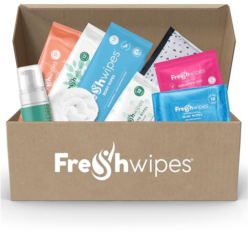 FreshWipes Self Care Starter Kit - 10 Piece Personal Hygiene Gift Set - Rinse Free & Waterless Cleansing For Men & Women - Includes All Over Body Wipes, Shampoo Cap, Body Wash, Intimate Wipes & More