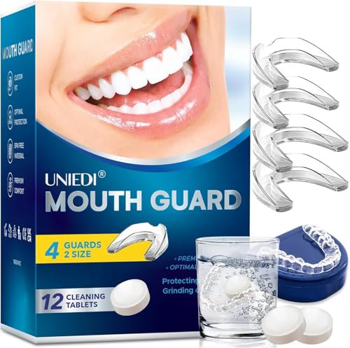 UNIEDI Mouth Guard - Attelle de crépitement pour la nuit - 2 tailles - 4 protège-dents malléables pour grincer les dents - Contre le bruxisme et le grincement de dents