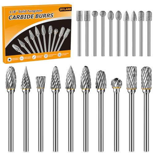 DIYLAND Juego de Fresas de Carburo de Tungsteno, Vástago de 1/8 adaptables a herramienta giratoria, 20 piezas Herramientas Rotativas Accesorios para tallado de carpintería, lijado, pulido de metal