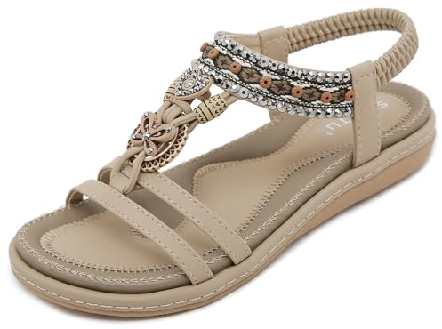 ZDQ Sandals Womens Ladies Summer Casual Comfortable Flat Arch Support Bohemian Wide Fit Slip-on Sandals with Elastic Ankle Strap Beige 6
