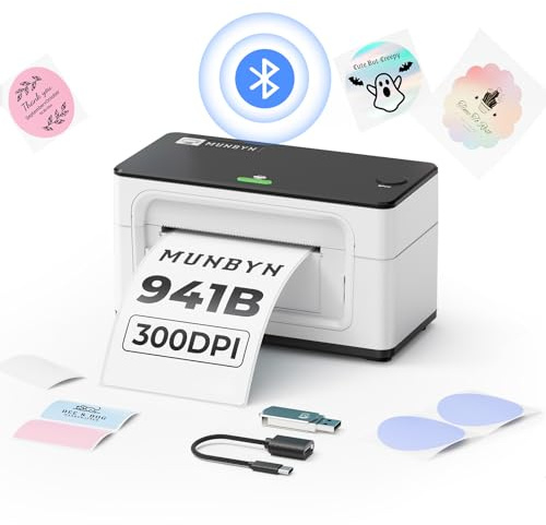 MUNBYN Bluetooth Thermal Label Printer 300DPI 4x6 for Shipping Packages Postage Address Home Small Business, Compatible with Etsy, Shopify, Ebay, Amazon, Royal Mail, FedEx, UPS, 941BP, White