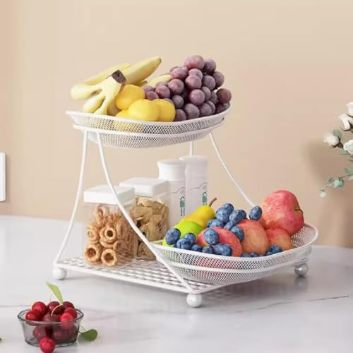 JUNYFFF Fruit Bowl, Tiered Fruit Basket – 25X23x22cm – Modern Fruit Bowl Large 2 Tier – Fruit Basket Etagere in Metal for Keeping Fruit, Vegetables And Bread Keeps Fruits Fresh,White
