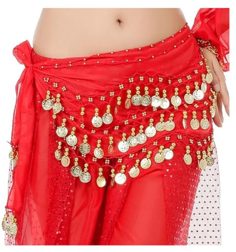HWJFDC Pañuelo Danza del Vientre 1 Pieza de Accesorios for Danza del Vientre for Mujer, Bufanda de Cadera, cinturón de 3 Filas, Falda con 72 Monedas de Color Dorado, Cadena de Cintura(Red)