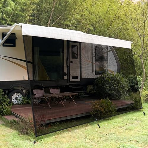 Wohnmobil View Blocker Sonnenschutz, 2.44m x 3.8m Winddurchlässige Vorderwand für Markise, Universeller RV Markisen Sichtschutz mit Kompletten Kits, 86% Sonnenschutz, Wind und Regen