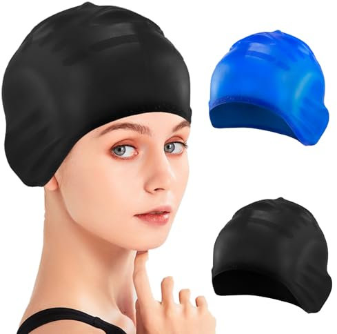 2Pcs Swim Caps Ear Protection 3D Silicone Swimming Cap for Women Men Waterproof Lightweight Stretchable Non-Slip for Long Short Hair, Perfect for Pool, Water Sports Therapy (Black Blue)