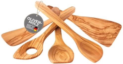 TOPANBIETER 999 5-tlg. Premium Kochlöffelset-Made in EU 3 Kochlöffel + 2 Pfannenwender aus Olivenholz, langlebig & antibakteriell Küchenhelfer-Set H 30/32 cm
