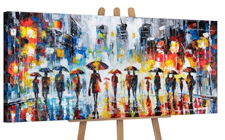 YS-Art Hermosa pintura acrílica ciudad sobre lienzo pintado a mano cuadros gente abstracto decoración moderna cuadros para sala de estar decoración del hogar 115x50 cm