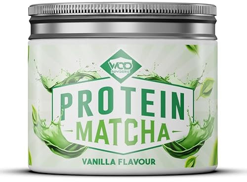 Protein Matcha Powder Vanilla | Ceremonial Grade Organic Japanese Matcha with Grass-fed Bovine Collagen & Functional Mushroom Extracts | 240g Tub with Scoop | High Protein - Made by WOD Powders