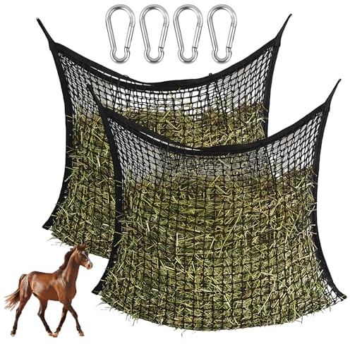 PORFOYO 2 bolsas de heno para caballos, 60 x 90 cm, malla estrecha, red de heno para caballos, bolsa de heno con 4 mosquetones, bolsa de malla estrecha para heno, capacidad de 8 kg, color negro