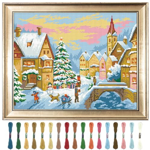 FREEBLOSS 11CT Juego de punto de cruz de Navidad con sello para adultos y principiantes con instrucciones, pueblo navideño, punto de cruz, bordado, arte de pared, decoración sin marco, 40 x 50 cm
