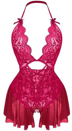 Rayson Lencería Mujer Babydoll Encaje Body Cuello en V Profundo Floral Ropa Interior Transpirable Malla Mini Vestido(Rojo vino)
