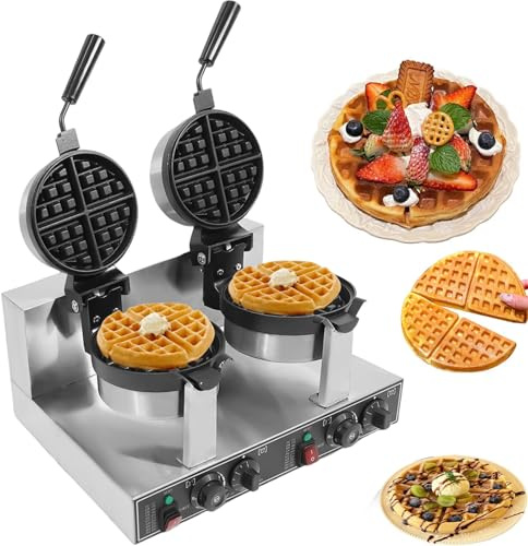 Doppia Piastra per Waffle con Funzione Rotante, Waffle Maker 2400W Antiaderente, Forme 20cm x 2cm, Timer 0-5min, 110V/220V, Acciaio Inossidabile 201 – per Ristoranti, Pasticcerie & Casa​