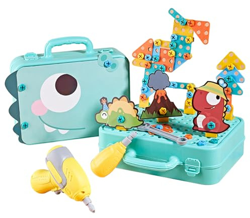 Cassetta degli attrezzi per bambini, Cassetta degli attrezzi Montessori con trapano, 233 pezzi/set Set di trapani e viti in plastica divertenti per bambini con carta di dinosauro, giocattoli di forme
