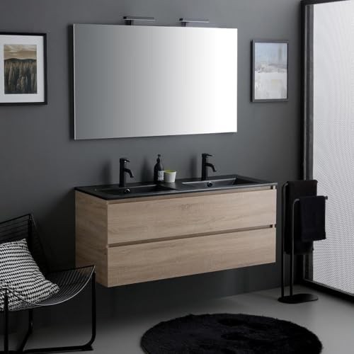 Kiamami Valentina - Mobile bagno sospeso 120cm rovere con doppio lavabo nero e specchio LED | Berlin