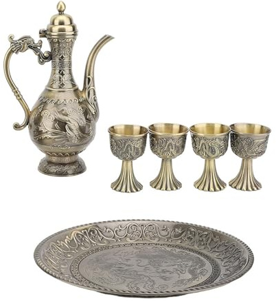Kukyller Juego de té Turco Vintage, cafetera turca, Lujoso Juego de Servicio de té con Tetera y 4 Tazas para decoración de Fiesta en el hogar (Bronce)