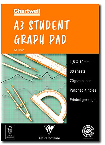 Clairefontaine - Ref J13BZ - Chartwell Graph Pad (Contains 30 Sheets) - A3 (420 x 297mm) Sized, 1, 5 & 10mm Square Rulings, 70gsm Punched Paper, FSC-Certified