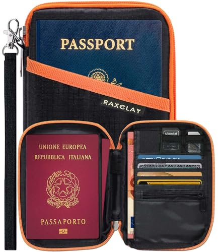 RAXCLAY Portafoglio da Viaggio Compatto Porta Passaporto RFID Documenti Custodia Portadocumenti 6 Carte Uomo Donna 3a-Generazione Slim Impermeabile 13 Tasche Denaro Biglietti Protezione Schermato