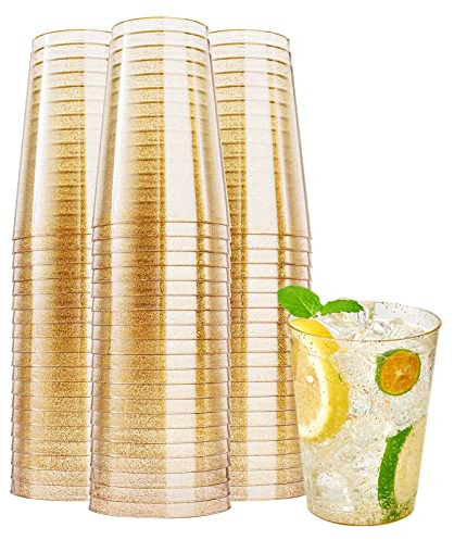 CYH 50 Stück Mehrweg Plastikbecher mit Goldglitter, 300ml Transparent Partybecher Wiederverwendbare Runde Trinkbecher Elegante Party Weingläser für Party Hochzeit Geburtstag Camping Picknick (Gold)