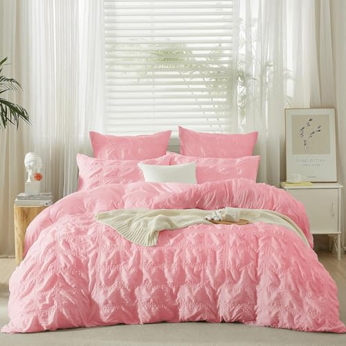 YASMENG Ropa de cama de sarga de 220x240 cm, juego de sábanas de verano rosa, moderno, a cuadros, ropa de cama suave, esponjosa y transpirable, funda nórdica de 3 piezas de microfibra con cremallera y