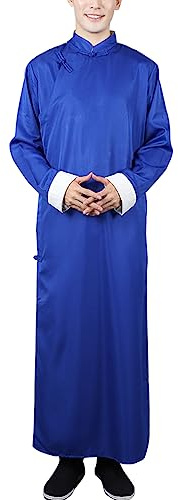 Chinese Traditional Cheongsam Long Robe Mandarin Collar Martial Art Uniform Gown Wing Chun Kung Fu Outfit, 31-blue, Large