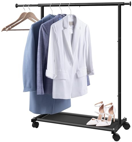 MISSLO Perchero corto para colgar ropa con estantes inferiores y ruedas, perchero resistente con ruedas para abrigos de adultos, armario, armario (negro)