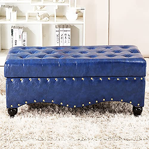 Lyxig marinblå ottomanbänk i fuskläder med förvaring modern multifunktionsbänk för vardagsrum hall och skobyte 75 x 45 x 45 cm