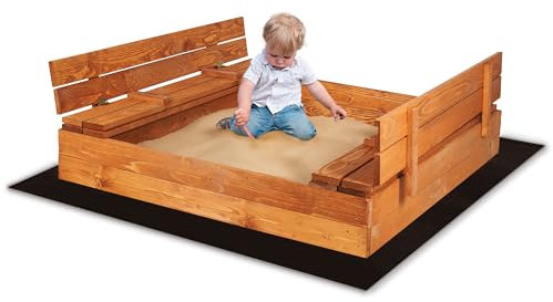 SPRINGOS - Sabbiera in legno 120x120 cm con coperchio ribaltabile, panchine integrate, impregnata ecologica, geotessile, sicura e resistente alle intemperie, per bambini - Grande sabbiera per giardino
