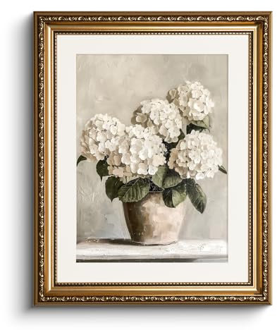HUARCEY Leinwand Bilder mit Gold Rahmen, klein Vintage Wandbilder, Hydrangea Stillleben Painting, Wand Deko Wohnzimmer Schlafzimmer Badezimmer Küche, Bauernhaus Deko Aesthetic,33x40cm