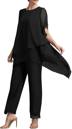 Goolecrimp Completo da sera da Donna in chiffon da 2 pezzi per la madre della sposa elegante camicia in chiffon e pantaloni a vita alta due pezzi taglie forti (Nero,XXL)