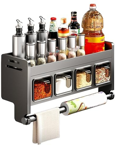 TECKZOON Mensola da Cucina da Parete Senza Foratura, Mensola Porta Spezie Sospesa in Acciaio Inossidabile con Portarotolo da Cucina e 4 Contenitori Spezie, Organizzatore di Spezie da Parete