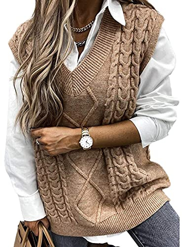 Pull Femme Gilet en Tricot sans Manches Blouson Col V Pullover Chandail Chaud Bureau Tops Automne Hiver Veste Sweater Simple Cadeaux de Noël La Saint-Valentin Anniversaire