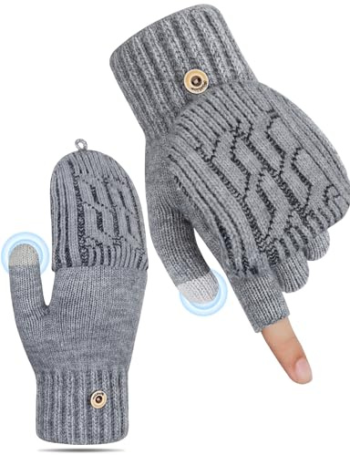 Kiiwah Guantes Sin Dedos Mujer, Mitones de Invierno Convertibles con Cubierta, Guantes Termicos Hombre, Manoplas de Punto con Pantalla Táctil para Trabajar Ciclismo Conducir Correr