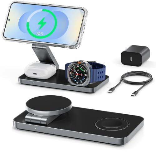 3 in 1 Wireless Charging Station for Samsung S26 Ultra/S26+/S26, Magnetic Charger Stand Compatible with Magsafe for Galaxy S25/S24/S23/Z Fold/Flip Series, Galaxy Watch Ultra/8/7/6/5, Buds Pro/4/3/2