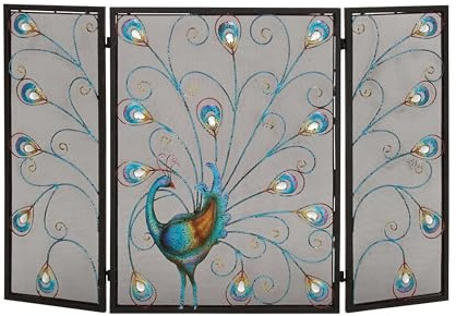 Deco 79 Metal Peacock Foldable Mesh Netting 3 Panel Fireplace Screen with Crystal Accents, 48 Inch x 1 Inch x 32 Inch, Black