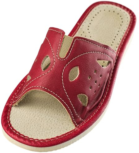 APREGGIO - Zapatillas de Estar por Casa para Mujer en Piel Lisa - Pantuflas Puntera Abierta - Sin Cordones - Hechas a Mano - Suela de cuña Ligera - Rojo - Talla 36 EU