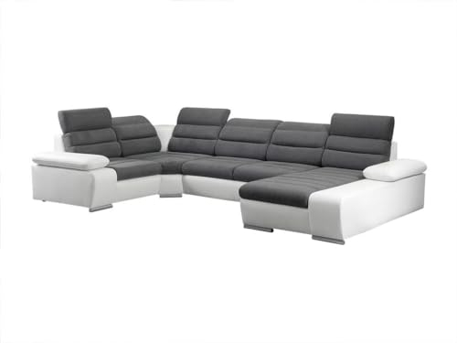 - Sofá cama de esquina XXL de tela y cuero sintético BOILEAU - gris y blanco - esquina derecha