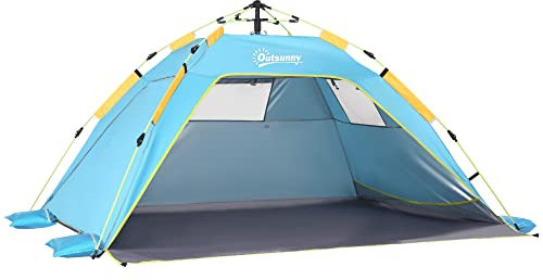 Outsunny 2 Man Pop-up Tent Beach Tent Sun Shelter w/Windows Doors Hook Sandbags UV Protection Waterproof Outdoor Adventure Garden, Light Blue