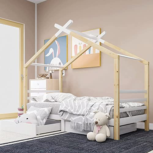 Zhanhao Wooden House Bed with Two Storage Drawers for Kids, Solid Pine Wood, 3 FT Single Tree House, Canopy Bed for Children Girls and Boys, 190*90 cm