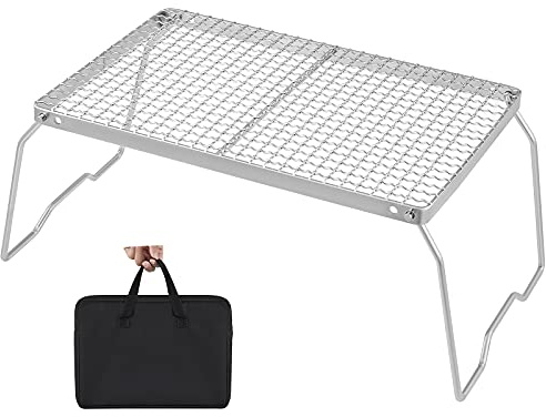 YETO Two Hight Camping Grill Grate with Legs 13.78 x 9.25 x 6.3inches 304 Stainless Steel Folding Campfire Grill Over for Outdoor Cooking BBQ Picnic Hiking, Silver-Medium