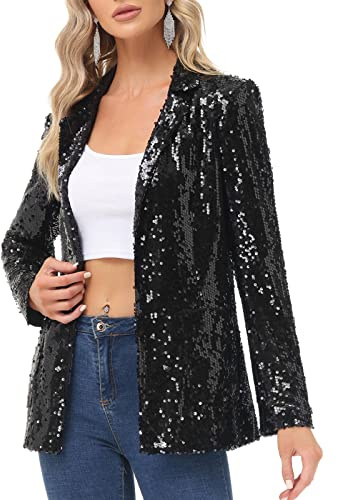 KANCY KOLE Women Sequin Jackets Long Sleeve Open Front Lapel Collar Glitter Blazer for Evening Party Black M