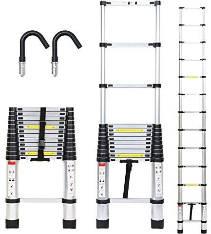 Joparri Teleskopstege i aluminium med avtagbar hake, 3,8 meter utdragbar stege, halkfri aluminiumstege, stående stege, multifunktionsstege, aluminiumstege med 150 kg lastkapacitet
