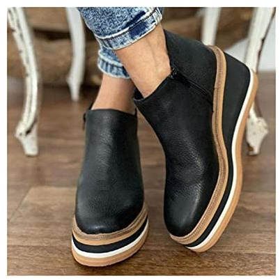 Bottines compensées for femmes dames mode décontracté en cuir bout rond fond épais talons hauts bottines haut haut mode baskets chaussures de marche hiver automne robe bottes courtes ( Color : Black ,
